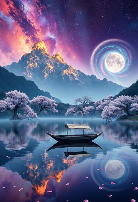 In a surreal and mystical landscape, a tranquil lake mirrors the vibrant, otherworldly colors of the surrounding dreamscape. A 1700s Japanese-style boat, crafted from aged wood with a rice paper-covered roof, floats gently on the water. The boat’s design is elegant yet understated, with subtle hues that faintly glow in the ambient light, contrasting with the intense vibrancy around it. Towering, jagged mountains rise majestically in the background, their peaks crowned with a soft, golden glow as if kissed by celestial light. The sky swirls with cosmic energy, where stars and galaxies shimmer alongside glowing nebulae that pulse with an ethereal radiance. Cherry blossom trees line the shore, their blossoms emitting a soft, magical glow, each petal shining like a tiny star. As the petals fall, they transform into luminous particles of pure energy, merging seamlessly with the lake’s surface, which ripples with a hidden, glowing power. The reflections on the water intertwine with the celestial elements in the sky, creating a dazzling, portal-like effect that seems to beckon to worlds beyond our perception. Every element of the scene hums with a vibrant, glowing energy, blurring the lines between the natural and supernatural, culminating in a harmonious, yet utterly surreal vision of tranquility and beauty.