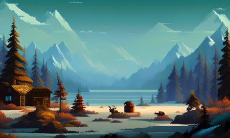 pixelart A frozen wasteland, where the snow and ice stretch as far as the eye can see. The landscape is dotted with abandoned research stations and the only sound is the howling wind.<lora:PIXHELL_21:1>, video game poster