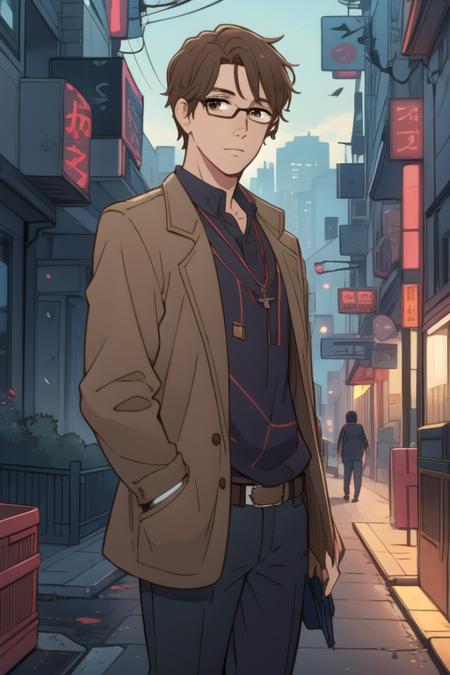 masterpiece, best quality, illustration, 1boy, solo, male focus, looking at viewer, , depth of field, <lora:takayuki_mima:0.68>, takayuki_mima, brown hair, brown eyes, glasses, decade costume, science fiction cyber-horror, 32k resolution