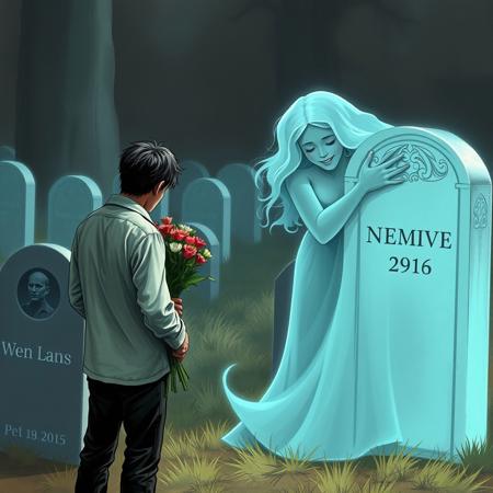 realistic, good definition, a sad man standing holding a bunch of flowers watching a tombstone while the ghost of the beautiful smiling woman is hugging him