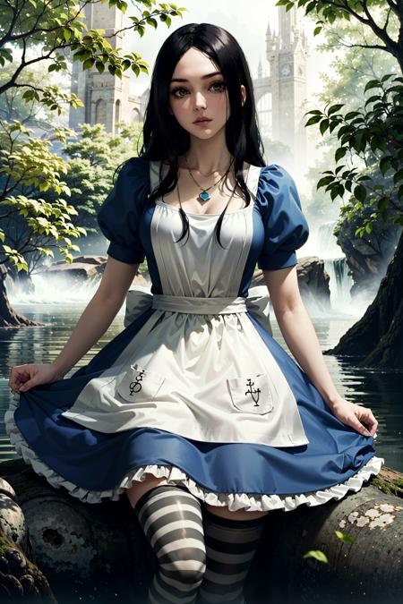 AliceHorror, 1girl, solo, striped, thighhighs, cosplay, striped thighhighs, black hair, alice (alice in wonderland), dress, tree, long hair, apron, alice (alice in wonderland) (cosplay), jewelry, necklace
,masterpiece, best quality, cinematic lighting,
<lora:epi_noiseoffset2:1>,   <lora:AliceHorror:0.7>