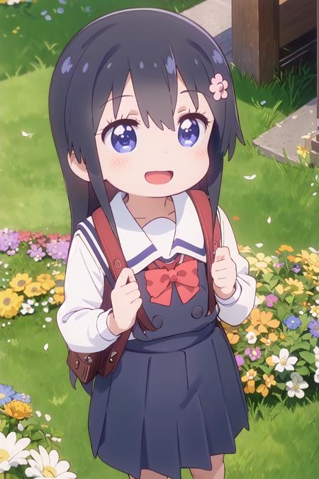 1girl, watahana, cheerful smile, open mouth, happy, hair ornament, hair flower, 
wseifuku, long sleeves, randoseru, (shoulder bag:0.9), hands up, 
outdoors, public park, on grass, flowers, looking at viewer, from above
<lora:Wataten_Hana-v20:1>