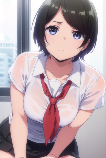 aitanahara, <lora:ai tanahara anime s1-lora-nochekaiser:1>, 
ai tanahara, short hair, black hair, hair ornament, (brown eyes:1.3), hairclip, (swept bangs:1.5), (flat chest:1.2),
BREAK shirt, white shirt, collared shirt, neckerchief, red neckerchief, skirt, black skirt,
BREAK indoors, classroom,
BREAK looking at viewer,
BREAK <lyco:GoodHands-beta2:1>, (masterpiece:1.2), best quality, high resolution, unity 8k wallpaper, (illustration:0.8), (beautiful detailed eyes:1.6), extremely detailed face, perfect lighting, extremely detailed CG, (perfect hands, perfect anatomy),