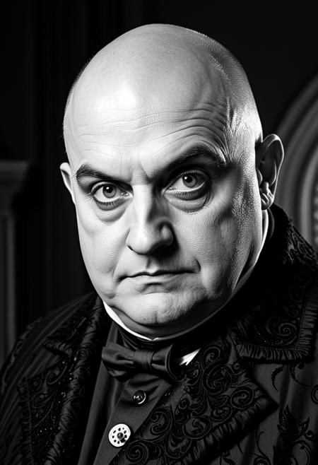 A black and white portrait of Uncle Fester from The Addams Family. He is a bald man with a pale complexion, a slight smile, and dark circles under his eyes. He is wearing a high-collared, ornate coat with decorative buttons and a frilly lace jabot. The background is a soft, out-of-focus grey. The image should have a slightly grainy, vintage quality., aidmaImageUpgrader   <lora:hands5g:0.5> <lora:aidmaImageUpgraderSDXL-v0.3:1>