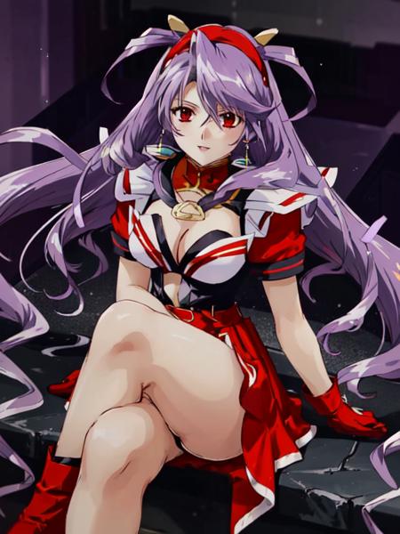 Septim leotard,navel cutout,cleavage cutout,low wings,belt,red showgirl skirt,red gloves, purple hair,red eyes,jewelry,hairband