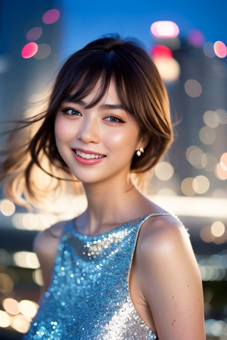 1girl,(wearing a beautiful glittery dress:1.3),on the shibuya sky observatory),(city lights at night:1.3),(overlooking Tokyo city:1.2),lively and bustling city at night,starry sky,(RAW photo, best quality), (realistic, photo-realistic:1.4), masterpiece, an extremely delicate and beautiful, extremely detailed, 2k wallpaper, Amazing, finely detail, extremely detailed CG unity 8k wallpaper, ultra-detailed, highres, soft light, beautiful detailed girl, extremely detailed eyes and face, beautiful detailed nose, beautiful detailed eyes,cinematic lighting,perfect anatomy,slender body,(hair flowing by wind),bokeh,instagram beauty filter,dynamic angle,instagram beautify filter,flawless skin,(wide smile:1.4),standing