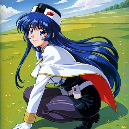 masterpiece, best quality, masterpiece,best quality,highly detailed,1990s \(style\),1990s anime cels style,retro,vivid colors,flat color,outdoor,large breasts,,smile,,from front,squatting,r,straight hair, <lora:yurikaV12:0.6>,yurika_misumaru,nadeshiko,1girl, pantyhose, long hair, blue_hair, uniform, 20 year old woman,gloves, cape, blue_eyes,white_uniform,laege breast,hat, pencil skirt,