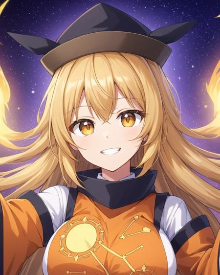 matara okina,1girl, solo, hat, upper_body, grin, looking_at_viewer, tabard, wide_sleeves, aura, long_sleeves, black_headwear, detached_sleeves, teeth, orange_sleeves, breasts, shirt
<lora:matara_okina_image1460_2023-12-20-000014:1>,star-shaped_pupils,symbol-shaped_pupils,. gorgeous,key visual, vibrant, studio anime,award-winning, professional, highly detailed,high budget, cinemascope