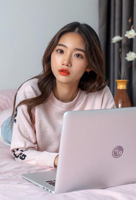 DSLR-style, slender, elegant 26-year-old Korean model, translucent pale skin with natural texture, soft shadow on cheek, diffused daylight from side, parted lips, masterpiece, ultra high-res  
<lora:NOOB_vp1_detailer_by_volnovik_v1:1>
barely visible pores, subtle skin texture variation, translucent skin tone, full body. 
"A young woman with long, wavy brown hair is lying on her stomach on a pink bed, propped up slightly with a pillow. She is wearing a light pink sweatshirt with black text on the sleeves and a light blue garment underneath, She is looking directly at the viewer with a soft expression. In front of her is a white laptop with an LG logo visible. Behind her, to the right, is a brown and gold vase holding artificial white flowers, and a glimpse of a dark grey curtain. The background is a plain white wall."
) (masterpiece:1.4), (