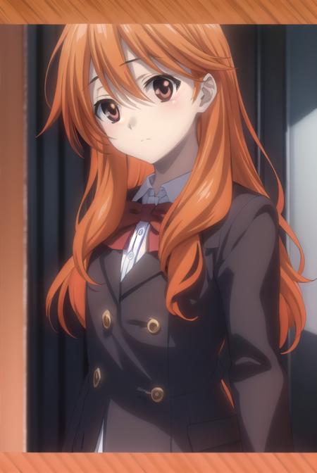 yuuashikaga, <lora:yuuki ashikaga-lora-nochekaiser:1>,
yuu ashikaga crossdress, long hair, bow, collarbone, (brown eyes:1.5), (orange hair:1.5), bowtie, red bow, school uniform, long sleeves, white collar,
BREAK ,
BREAK indoors,
BREAK looking at viewer, (cowboy shot:1.5),
BREAK <lyco:GoodHands-beta2:1>, (masterpiece:1.2), best quality, high resolution, unity 8k wallpaper, (illustration:0.8), (beautiful detailed eyes:1.6), extremely detailed face, perfect lighting, extremely detailed CG, (perfect hands, perfect anatomy),