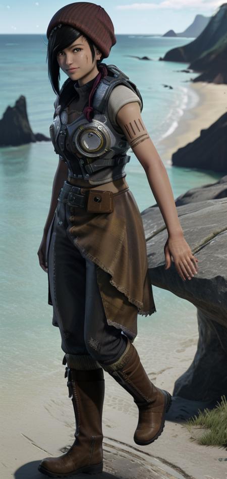 ((masterpiece, best quality)) <lora:add_detail:0.7> <lora:Kait-Diaz-v2:0.8> Kait Diaz, 1girl, solo, coastal cliffs, noon, bright and clear light with ocean views, tucked tan shirt, shirt tucked in, short sleeve shirt, gears of war light armor, black pants, yellow half skirt right leg, bold black tattoo, tattoo right bicep, sexy, short hair, black hair with two red braids towards the front, smile, grin, teeth, maroon beanie, brown boots