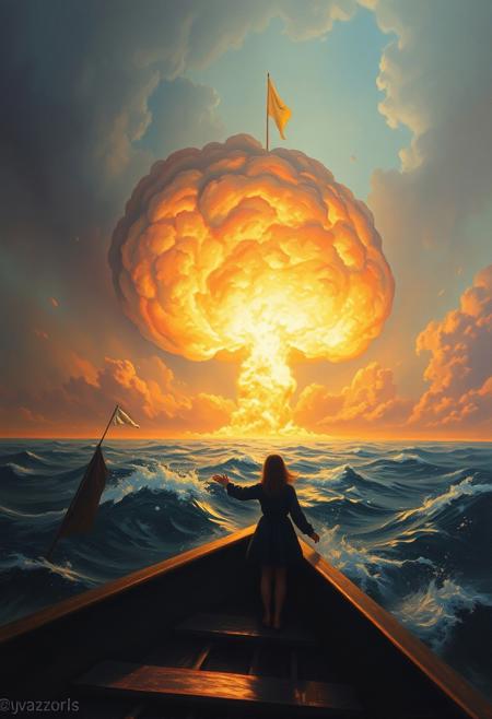 (((Oil painting masterpiece in Ayvazovsky style))) 
oil painting masterpiece, ((girl)) , ocean, boat, darkness, fireball in the sky, super wind blows, (a huge all-consuming atomic explosion in the background from the horizon and extending beyond the edge of the picture into space:0.9)