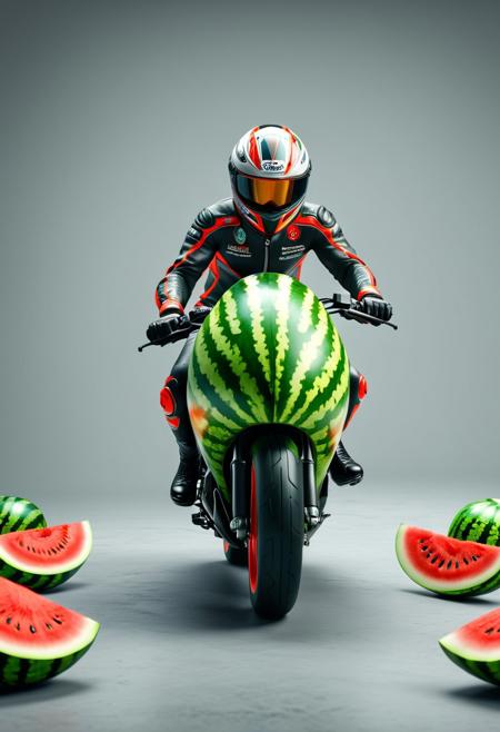 This 3D render showcases a highly creative, ultra-realistic representation of a person riding a motorcycle, all crafted from watermelon slices in 8K UHD quality. The motorcycle and rider are made entirely from green-rinded watermelons with black seeds, featuring vibrant red and white inner flesh. The rider wears a helmet, while the motorcycle design includes wheels, a front light, and a rear exhaust.
The background is a plain grey hue, drawing focus to the subject matter. Additionally, the image incorporates textual elements, such as 'Moto GP watermelon' and 'Ultra AI', as well as a watermark or logo situated at the bottom.