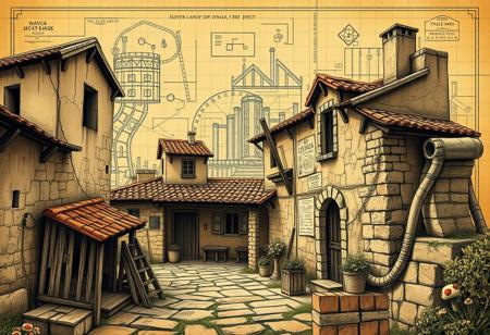 A 1920s architectural blueprint with a chaotic twist, sketched over a crumbling, Italian-style shanty with worn terracotta roofs and rustic stone walls. Intertwined with the blueprint are intricate designs of junk bonds, old stock certificates, and financial symbols, hinting at a time of economic collapse. Super Mario Bros elements sneak through the scene—iconic pipes, brick blocks, and pixelated mushrooms blend into the shanty’s Italian countryside charm. The scene is washed in warm sepia and olive tones, evoking a vintage Mediterranean feel, while playful Super Mario references bring a whimsical contrast to the classic Italian aesthetic