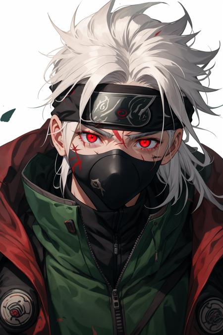 masterpiece, best quality,kakashi, 1boy, male focus, solo, forehead protector, mask, red eyes, glowing, scar, konohagakure symbol, mouth mask, white hair, glowing eyes, ninja, scar on face, ninja mask, looking at viewer, scar across eye, white background