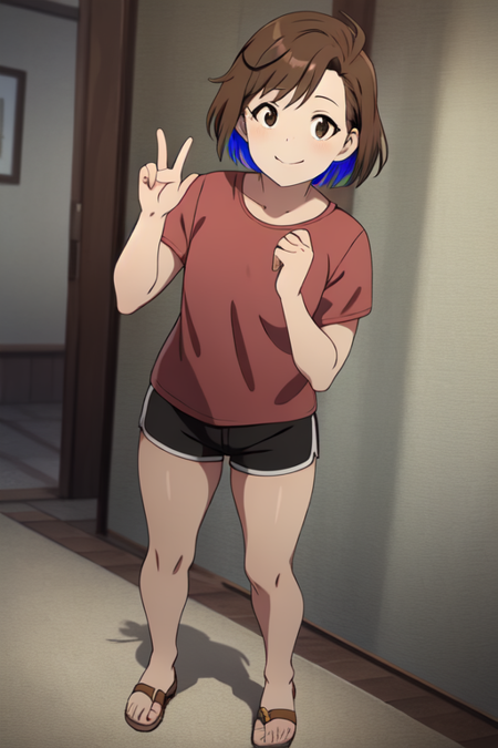 numatamineko, brown eyes, a cartoon character in a pose wearing black shorts and a red shirt, 1girl, sandals, solo, shirt, smile, shorts, full body, short sleeves, standing, two-tone hair, closed mouth, looking at viewer, hand up, short hair, multicolored hair, open clothes