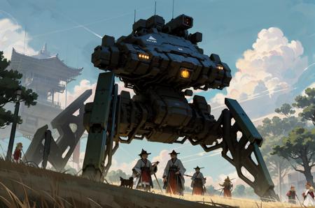 8k wallpaper, masterpiece,Cinematic Lighting, best quality,Illustration,detailed face depiction,dramatic angle,
mecha \\\(flegs\\\), multiple girls, multiple boys, sky, outdoors, aircraft, cloud, gun, hat, weapon, cat, scenery, day, miko, blonde hair, robot, japanese clothes, science fiction, grass, military, tree