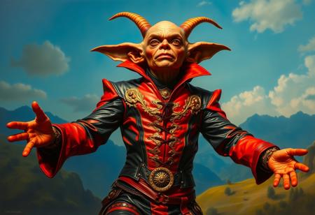 A surreal oil painting in the Raphael Style, infused with a touch of Houdini Style, depicting a Goblin Biker Dugg Charger. The individual is positioned in a dramatic, almost theatrical pose with outstretched arms, as if mid-performance. Their red and black leather ensemble, featuring a meticulously detailed, gold-accented corset and ornate gauntlets, glows with stunning colors. The blue backdrop, subtly adorned with the words ".", blends seamlessly into a dreamlike landscape, creating a Contemporary Aesthetic. The painting exhibits exceptional quality with super detailed face, eyes, and clothes, showcasing handcrafted precision and a powerful message. The impeccable composition, creative angle, and balanced editing are all guided by the Golden Ratio, creating a scene of vivid emotions and joyful impact, suggestive of a fantastical promotional event.