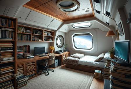compact spaceship bedroom for apprentice magician with a computer a bed and piles of book. Almost no decoration appart from a plant and a window to space