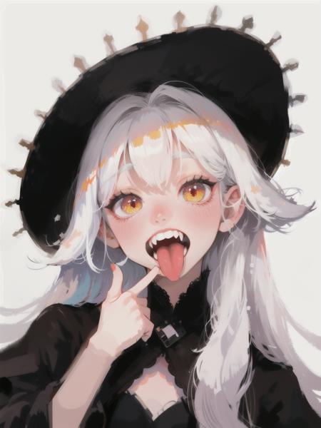 1girl, mouth pull, best quality, open mouth, simple background, white hair, long_hair, fangs, tongue out, tongue, teeth, finger in own mouth, <lora:mouth_pull_v2:0.85>