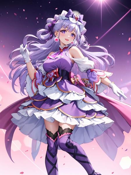 cure amour purple dress, white gloves, ascot, wide sleeves, detached sleeves, layered dress, knee boots, purple thighhighs, pom pom earrings, headdress, lipstick