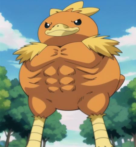 (swole torchic:0.8), solo, closed mouth, standing, outdoors, sky, day, cloud, black eyes, tree, blue sky, crossed arms, from below, animal focus, anime screencap, 
  <lora:torchic-09:0.9>