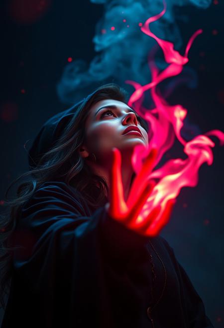 A cinematic 3/4 shot of a female, nice witch, powerful spells and patterns and flames emerging from her hand, layered red and purple lines. She is flying in the air and looking up at the sky, enjoying her power. Use subtle red starburst and bokeh elements, with enhanced volumetric lighting to create a vibrant, high-contrast scene. Ensure the image maintains a surreal, emotionally impactful atmosphere in 8k resolution with intricate skin texturing. Angry. Ultrarealistic. absurdres.