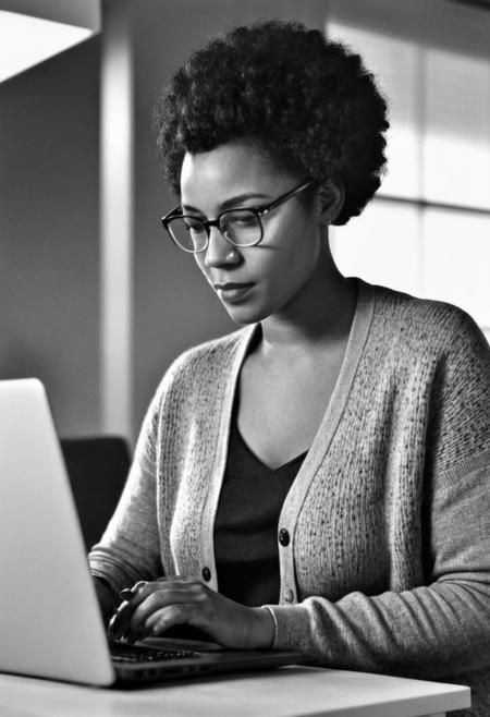 <lora:karsh_style_1-000008:1> monochrome karsh style, young black woman with thin glasses wearing cardigan working on a laptop in a modern home office looking onwards, close shot