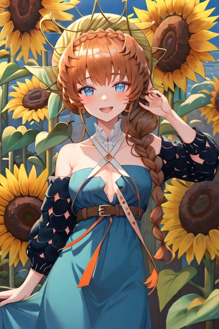 best quality, masterpiece, highres, solo, {van_gogh_fgo:1.15}, braid, long_hair, blue_eyes, bangs, side_braid, hat, orange_hair, crown_braid, smile, brown_hair, flower, sunflower, open_mouth, 1girl, bare_shoulders, blue_skin, bubble, colored_skin, looking_at_viewer, underwater, dress, air_bubble