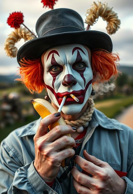 A down sindrome prostitute wearing a clown terror costume, borsalino hat, techno rave party, holding a banana, smoking a cigarette, country side italian background, looking at viewer, masterpiece, 4k, highly detailed, best quality,