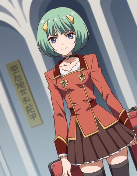 ange, short hair, hair ornament, green hair, bangs, blue eyes skirt, thighhighs, pleated skirt, choker, black thighhighs, zettai ryouiki, brown skirt,