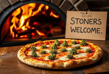 A gourmet pizza is artfully displayed on a rustic wooden table, set in front of a traditional Italian wood-burning pizza oven with flames flickering warmly in the background. The pizza features a perfectly golden, crispy crust, topped with fresh, melted cheese, and vibrant sativa cannabis flowers, glistening with rich trichomes. The green hues of the cannabis flowers contrast beautifully with the rich tomato sauce and the creamy cheese. In the background, two cardboard signs are prominently visible. One reads "THC < 0.2%," highlighting the legal compliance of the ingredients, while the other boldly declares, "Stoners Welcome," adding a playful, inviting touch to the scene. The overall ambiance blends traditional Italian culinary artistry with a modern, laid-back vibe.