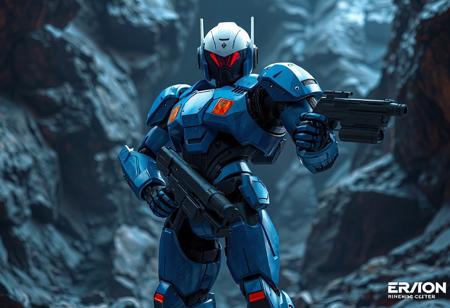 "A hyper-detailed concept art scene featuring the Elemental HERO Inferno, a vibrant blue robot standing confidently against a Mystic Mine background. The robot's head is black, contrasting with its white helmet, and it wields a gun in its right hand while resting its left hand on its hip, adding to its assertive stance. Positioned slightly off-center, the composition is balanced and dynamic. Rendered in hyper-realistic 3D with Octane Render, the scene showcases sharp lines, stunning colors, and impeccable balance. Inspired by contemporary aesthetics and Grammer Effect Style, the image conveys vivid emotions and a powerful message. Trending on ArtStation, 4K, ultra-detailed, and impeccably composed."