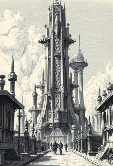 Let’s take a walk around the block, intricate linework, 19th century engraving technique, monumental sci-fi architecture, industrial surrealism, richly detailed etching style, gothic science fiction, retro-futuristic landscapes, baroque machinery, deep perspective, victorian expedition imagery, vast dystopian megastructures, explorers in impossible environments, high-contrast black and white, mechanical decay, steampunk x cyberpunk fusion, narrative illustration, vast scale environments, isolated human figures in vast unknown