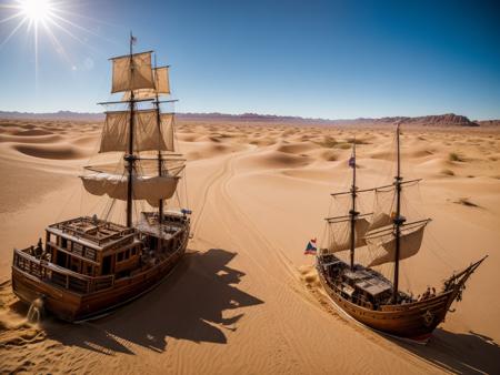 (masterpiece, professional photorealistic photograph), hyper realistic photo of a mid-century tattered pirate ship, sailing through rough huge desert dunes with magnanimous desert monster chasing it, professional photography, lit by sun at noon, volumetric lighting, maximalist, 8k resolution, sand liquid physics, complex, (elegant:1. 1), expansive, <lora:more_details:1>, DSLR, F/2. 8, vibrant