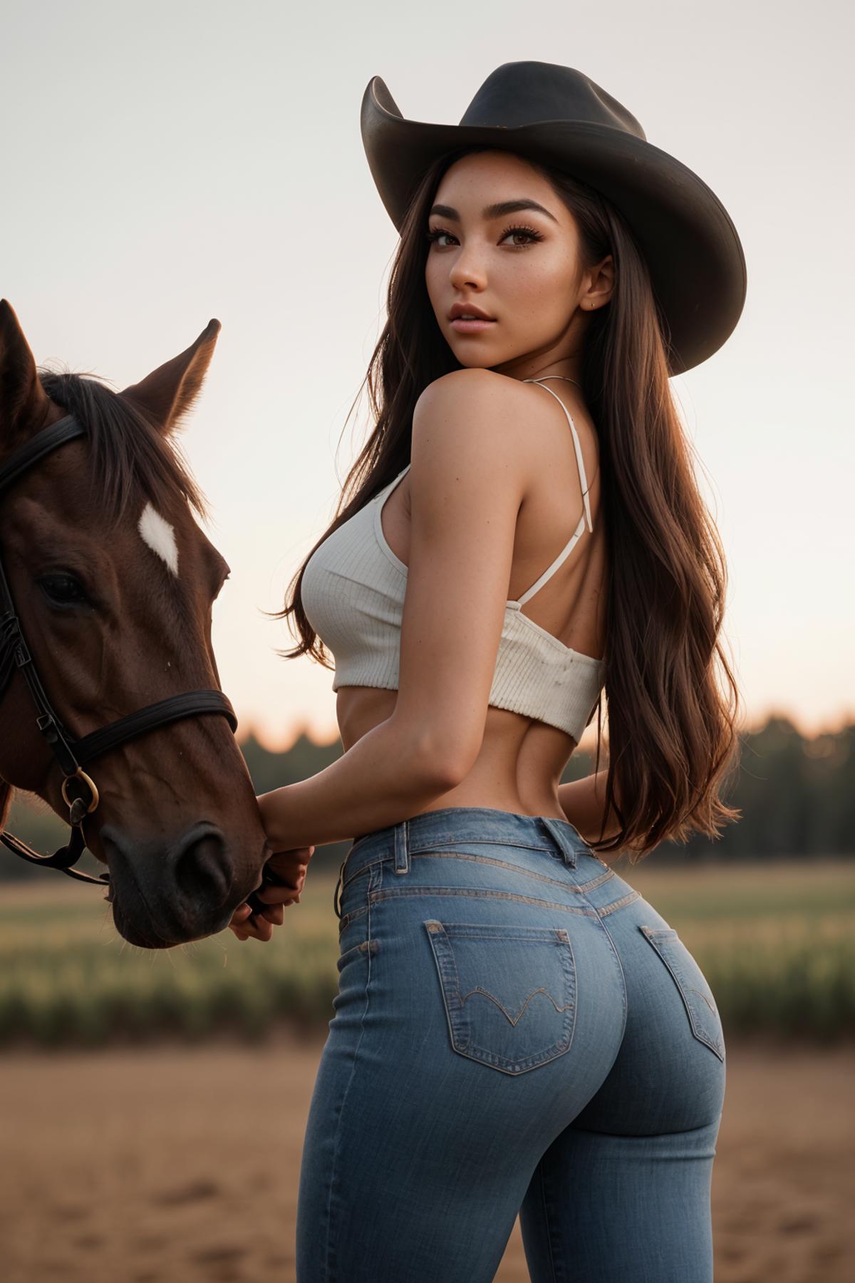 A woman posing in front of a horse wearing a cowboy hat and jeans.