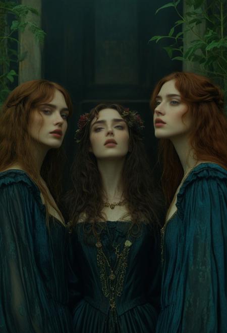 highly cinematic, 3 woman, melancholic and dramatic atmosphere, film scene, wearing absurd clothing, part, inspired by Pre-Raphaelitism