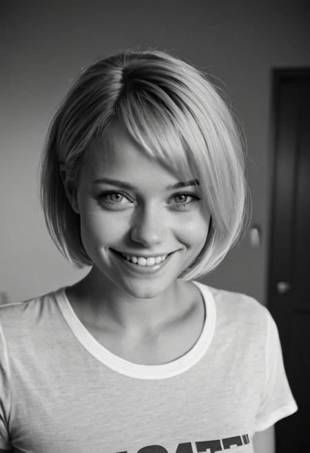 cinematic, ((black and white, monochrome, greyscale)), portrait, of a young woman, short blonde bob hair, fair skin, beautiful blue eyes, smile, teeth, round face, small breasts, slim, wearing a band t-shirt, posing, in a dark, dimly lit, bedroom, grain, grainy, noise, detailed, high quality, cinematic lighting, contrast, heavy dynamic shadows, atmospheric,
