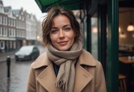 A moody, hyper-realistic portrait of Olivia, a 35-year-old woman with a slender, V-shaped face and subtle laugh lines. She’s seated under a canopy at a corner café in Amsterdam, drizzling rain reflected in the cobblestones. Soft, cool natural light bounces off the wet street. Olivia wears a beige wool coat and a brown cashmere scarf. Her short, tousled hair is damp at the edges. Her skin has realistic pores and faint freckles. The scene has a quiet, introspective tone. Bright green eyes with a gentle, calm expression. .