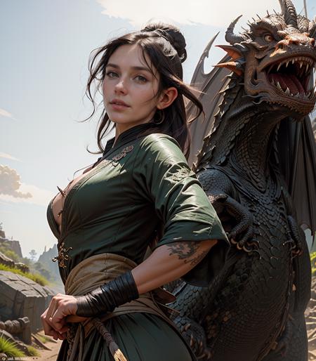 (dragon:1.4), dynamic angle, dynamic pose, perspective, foreshortening, undercut,   j3nn1f3r8 with dark hair and glowing pupils, solo, detailed face,  golden eyes,  covered in dirt,  wearing rags,  torn dress, escaped from a dungeon and now wanders in a grey wasteland,  Lord of the Rings,  Tolkien,  Hillmen,  Dunlending,  a huge dragon head in background,  (medium shot) <lora:j3nn1f3r8_v6-000005:1>
  <lora:wuxia2:0.8> wuxia, (smile:0.4), western clothes, vibrant