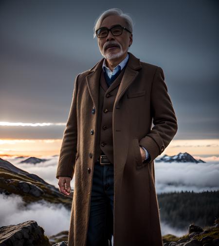 (A medium photo of  gongqijun,oldman),wearing(brown overcoat),standing in the Norwegian mountains, (misty mountains),(masterpiece) (photorealistic:1.2) (bokeh) (best quality) (detailed skin) (intricate) (8k) (HDR) (cinematic lighting) (sharp focus) 
 <lora:gongqijun:0.9>