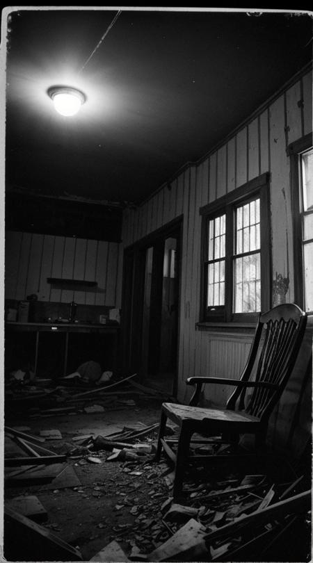 An antique, black-and-white photo, slightly blurred, showing a angry macabre ghost, full-bodied, haunting a spooky derelict house in a nighttime forest. <lora:Aether_Cloud_v1:1.8>