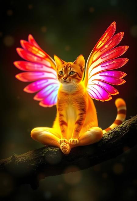 depth of field, A subtly glowing crimson yellow shiny cat sitting in a Sukhasana meditation pose, on a moss covered branch, huge rainbow colored wings, striped golden trimmed tail, fantasy, vibrant glow, glowing particles floating, bokeh, vignette, a light in the darkness