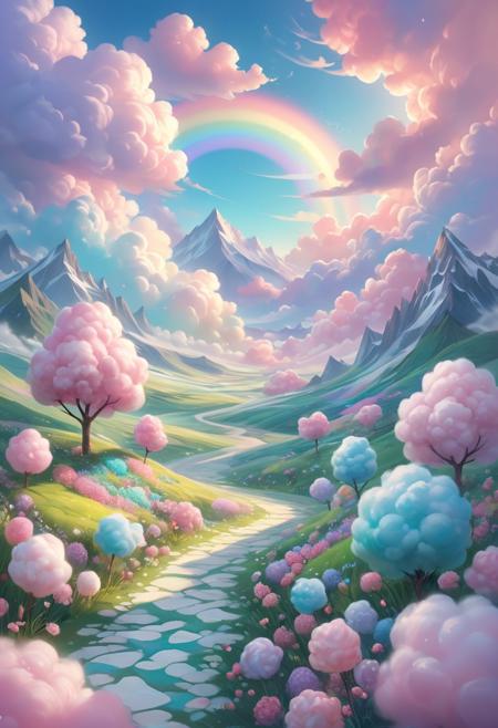 A breathtaking, hyperrealistic digital painting, a surreal, dreamlike landscape, rendered in a whimsical pastel color palette. The planet’s surface is intensely marbled with swirling patterns of lighter and darker hues, radiating a soft, diffused glow from below, casting ethereal shadows across the scene. In the sky clouds of rainbow bubbles drift, Below, a sinuous, winding path constructed of polished, smooth crystal material spirals downwards towards the viewer, leading into a dense, swirling cotton candy field – countless iridescent candies in shades of white, lavender, shimmering blue, and emerald green float freely, in the far distance is mountain of chocolate, creating a hazy, dreamlike atmosphere. swirling blue and green clouds, dramatic volumetric lighting, creating a sense of vastness, adventure, and intense exploration – 8k resolution, trending on ArtStation.