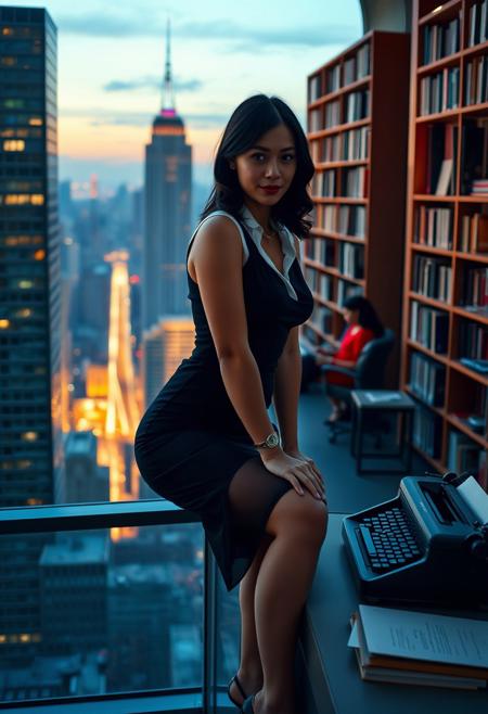 A captivating scene of a secretary in a sleek, form-fitting black dress, sitting on the edge of a high-rise office desk, overlooking the city skyline at dusk. The ambiance is charged with a soft, mysterious allure. Photo by Helmut Newton, Canon EOS-1D X, 50mm f/1.2.2. Envision a vibrant office setting where a secretary, clad in a classic white blouse and pencil skirt, is organizing files with a subtle smile. The background buzzes with the energy of a busy workday. Photograph by Cindy Sherman, Nikon D850, 85mm f/1.4.3. A serene, sunlit room features a secretary in a vintage-inspired red dress, typing away on an old typewriter, surrounded by towering bookshelves. The scene exudes a nostalgic, dreamy quality. Photo by Annie Leibovitz, Sony Alpha A7R IV, 35mm f/1.4.4.