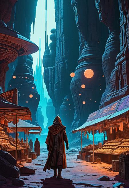 A lone wanderer traverses a desolate, alien marketplace under twin suns. Stalls overflow with bizarre artifacts, glowing crystals, and strange cybernetic enhancements. The wanderer wears tattered robes adorned with scavenged tech, their face obscured by a high-tech mask. In the background, towering rock formations are carved with ancient glyphs and neon graffiti. The scene is a fusion of post-apocalyptic grit and psychedelic colors. Inspired by Moebius and Syd Mead, rendered in a cinematic style with dramatic lighting and hyper-detailed textures, a true masterpiece.