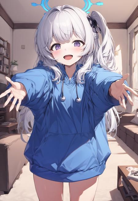 miyako_(young)_(blue_archive),halo,white hair,purple eyes,one side up,blue hoodie,