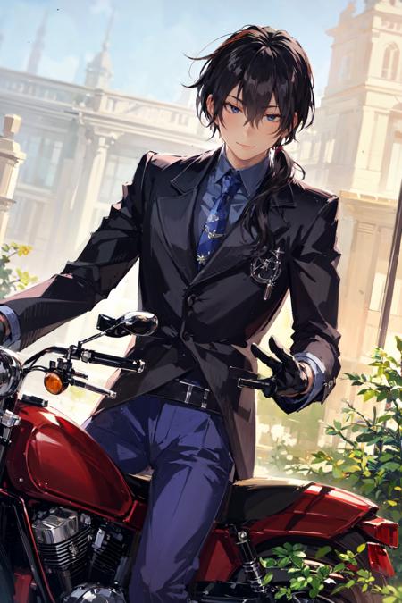 masterpiece, best quality, extremely detailed, detailed background, detailed face, 1boy, male focus, gloves, solo, pants, long hair, shirt, black hair, ground vehicle, jacket, smile, black shirt, belt, motor vehicle, motorcycle, ponytail, necktie, black gloves, feet out of frame, sleeves rolled up, plant, blue necktie, open clothes, blue pants, hair between eyes, closed mouth