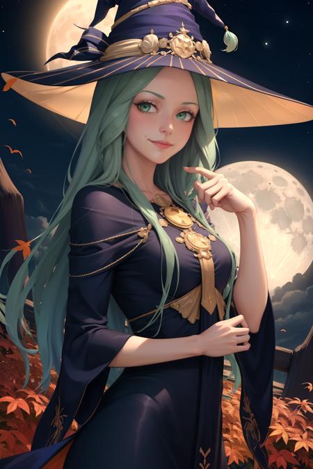 masterpiece, best quality, halloweenRhea, witch hat, blue dress, wide sleeves, moon, autumn, night, upper body, hand to hat, looking at viewer, smirk <lora:rhea-nvwls-v3-000009:0.8>