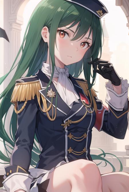 cruschkarsten, <lyco:cruschkarsten-lyco-nochekaiser:1>,
crusch karsten, long hair, hair between eyes, green hair, (brown eyes:1.4),
BREAK gloves, long sleeves, hat, jacket, boots, frills, white gloves, black footwear, uniform, military, ascot, military uniform, armband, epaulettes, white ascot,
BREAK looking at viewer, full body,
BREAK outdoors,
BREAK <lyco:GoodHands-beta2:1>, (masterpiece:1.2), best quality, high resolution, unity 8k wallpaper, (illustration:0.8), (beautiful detailed eyes:1.6), extremely detailed face, perfect lighting, extremely detailed CG, (perfect hands, perfect anatomy),